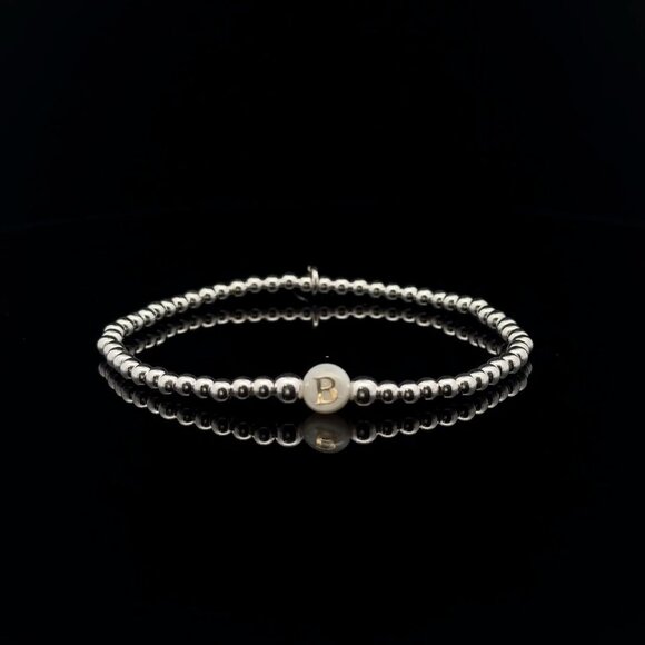 925 Sterling Silver Beaded Stretch Stacking Bracelet MOP Letter Initial B - Picture 1 of 6